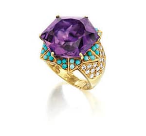 Handmade jewelry vintage Cartier amethyst turquoise and diamond gold ring 1960