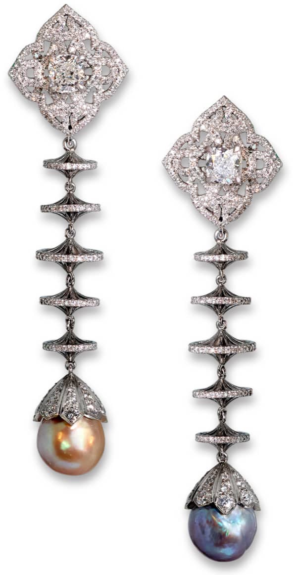 Jewelry creations Natural pearl and diamond drop earrings, 6.16 & 6.60 carat