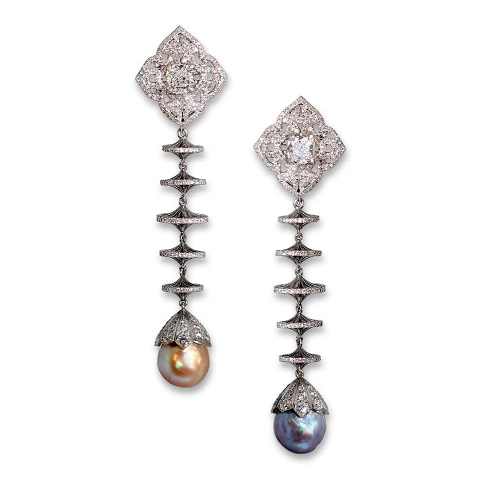 Natural pearl and diamond drop earrings, 6.16 & 6.60 carat