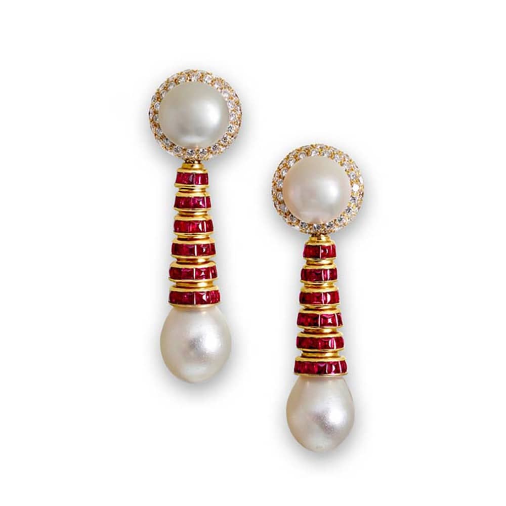 Bulgari pearl, ruby and diamond earrings