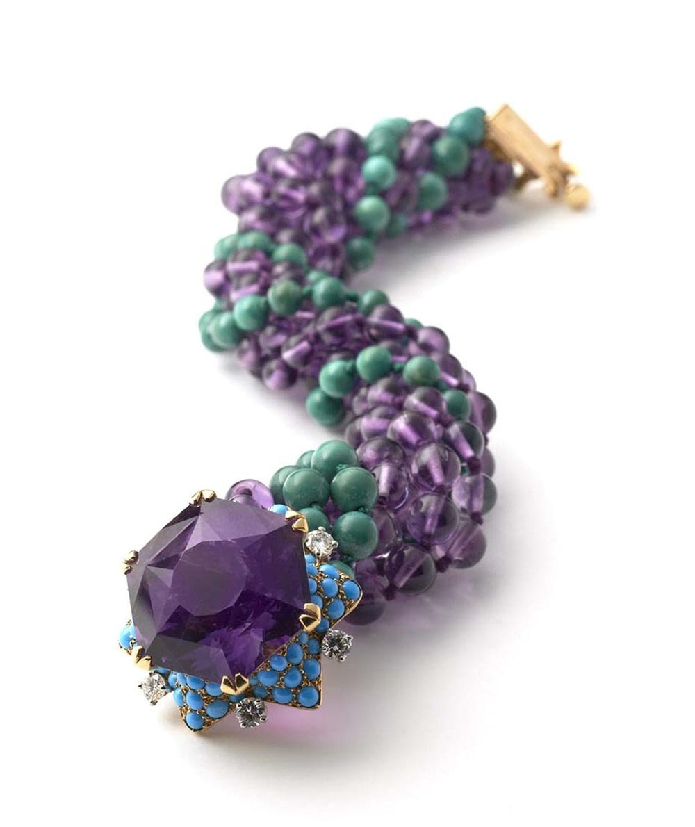 Jewelry and art Cartier amethyst turquoise and aventurine bracelet c.1960