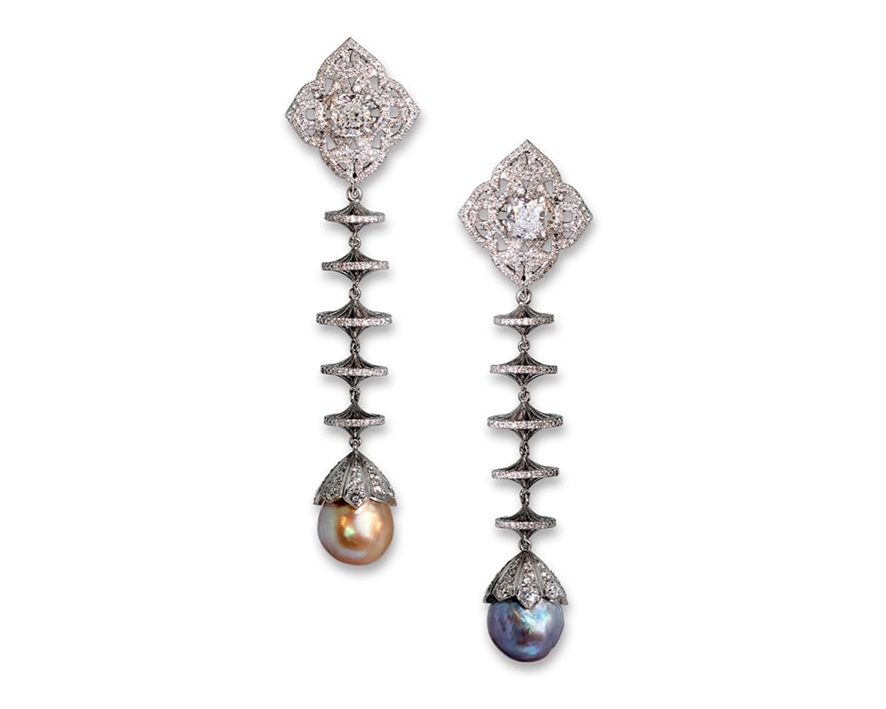 Jewelry creations Natural pearl and diamond drop earrings, 6.16 & 6.60 carat